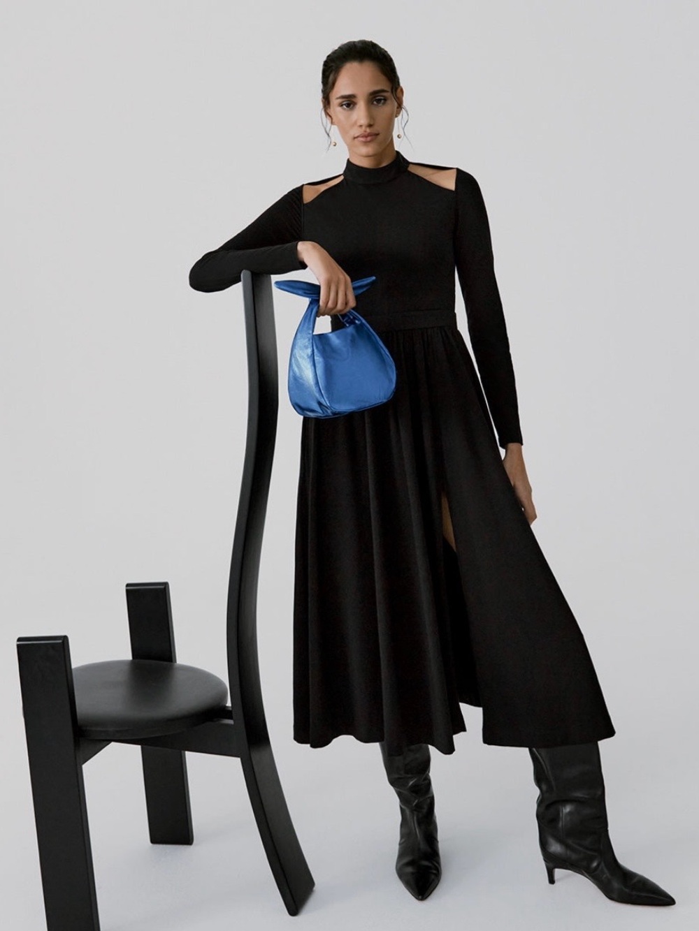 Cuyana Black Long-Sleeve Cutout Midi Dress Small